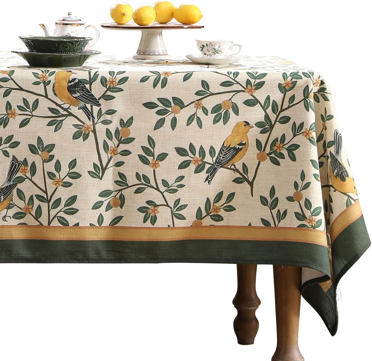 patdrea Designer Green French Linen Long Rectangular Tablecloth,Vintage Durable Floral Table Cloth,Decorative Table Cover for Kitchen Dining,Parties,Party,Christmas,Thanksgiving,63"x94"-Warbler