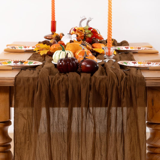 Brown Cheesecloth Table Runner Tan 10 Pack Fall Table Runners Boho Gauze 120 Inches Marron Cheese Cloth Fall Table Decorations for Thanksgiving Wedding Bridal Baby Shower Tea Party Decor