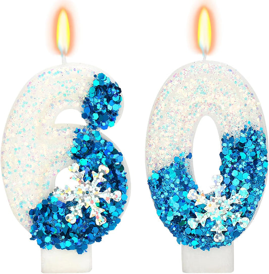 Snow Themed Birthday Candles, Birthday Candle for Party Supplies, Winter Birthday Party Supplies, 2.76 inch Number 60 Candle Cake Topper Decoration (Number 60)