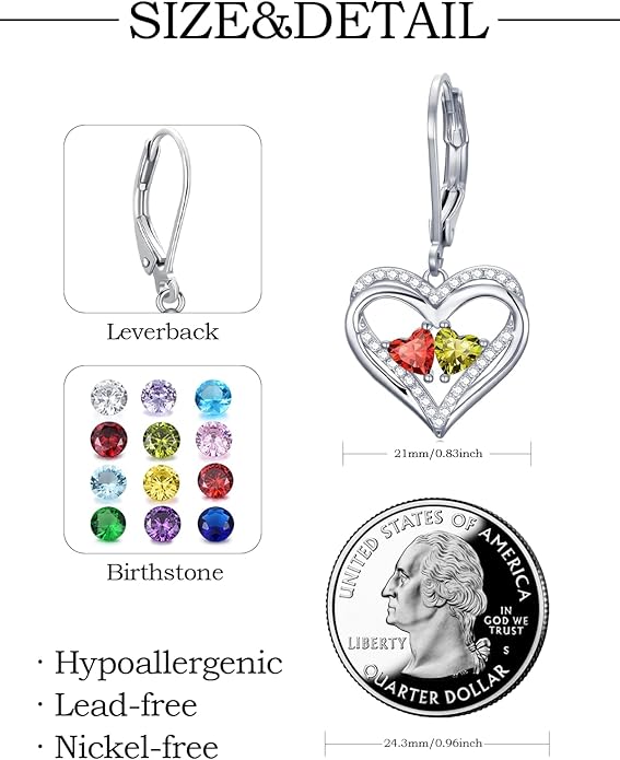 Valentines Day Gifts for Women, Heart Leverback Earrings Double Birthstone Dangle Earrings for Women, Love Jewelry for Her, Anniversary Birthday Gift for Mom Wife Girlfriend