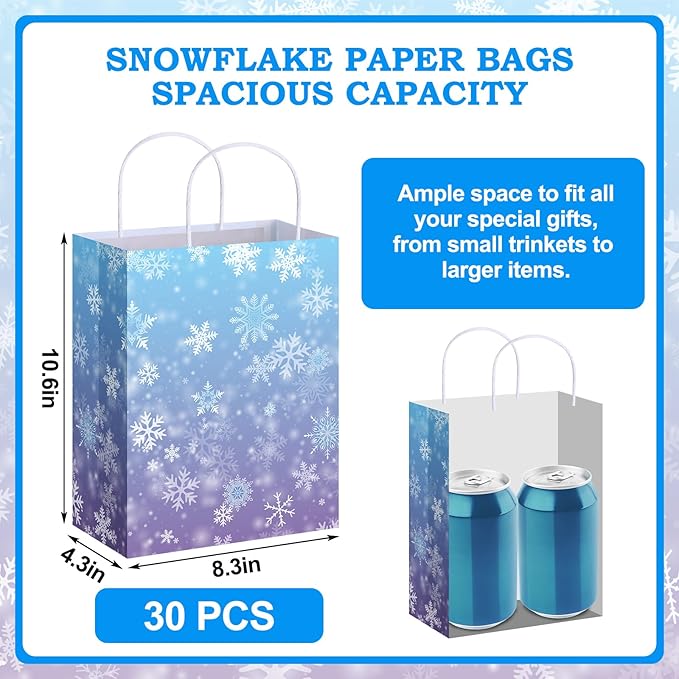 ReliThick 30 Pcs Snowflake Paper Bags Iced Candy Treat Goodie Gift Bags with Handle Blue and Purple Party Favors for Princess Holiday Birthday Wonderland Party Supplies (8.27 x 10.63 x 4.33 inches)