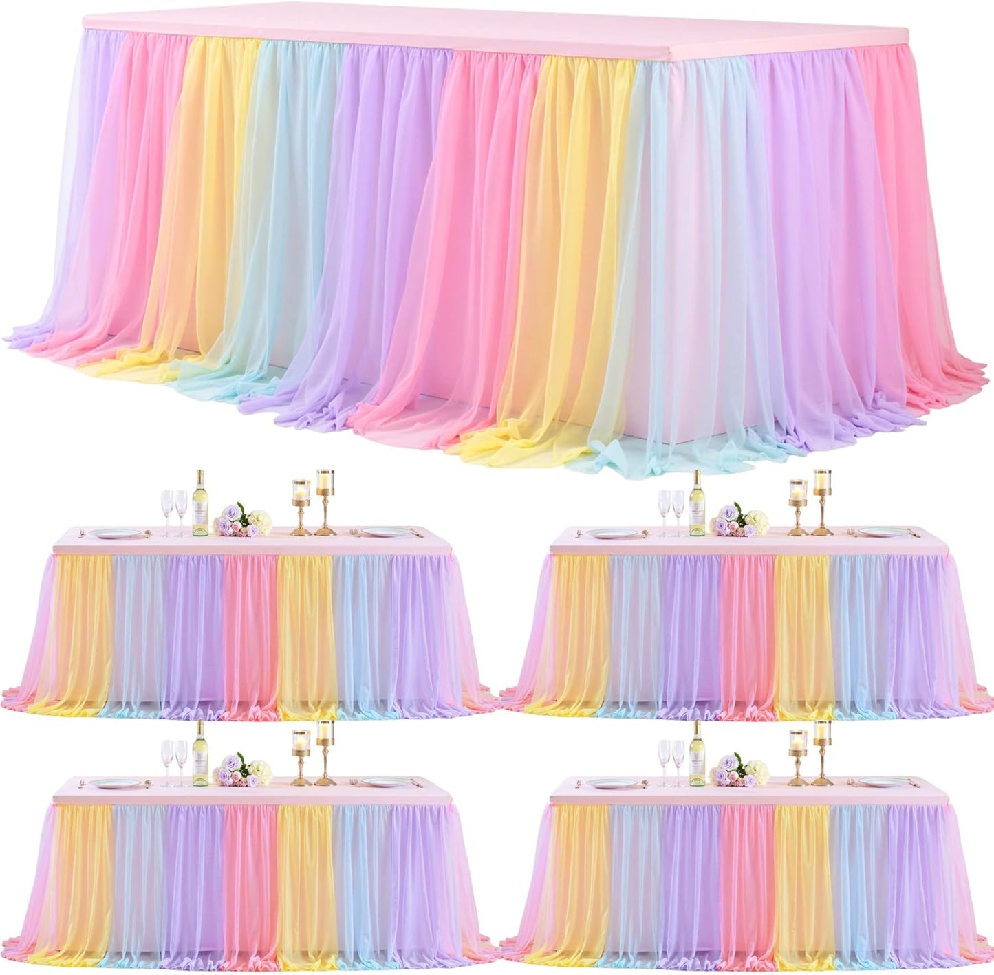 4 Pack 8ft Rainbow Tulle Tablecloths for Rectangle Tables, 8 Foot Rainbow Rectangular Table Cloth Wrinkle Free Tablecover with Tutu Skirt for Baby Shower Girls Birthday Party Banquet Buffet Cake