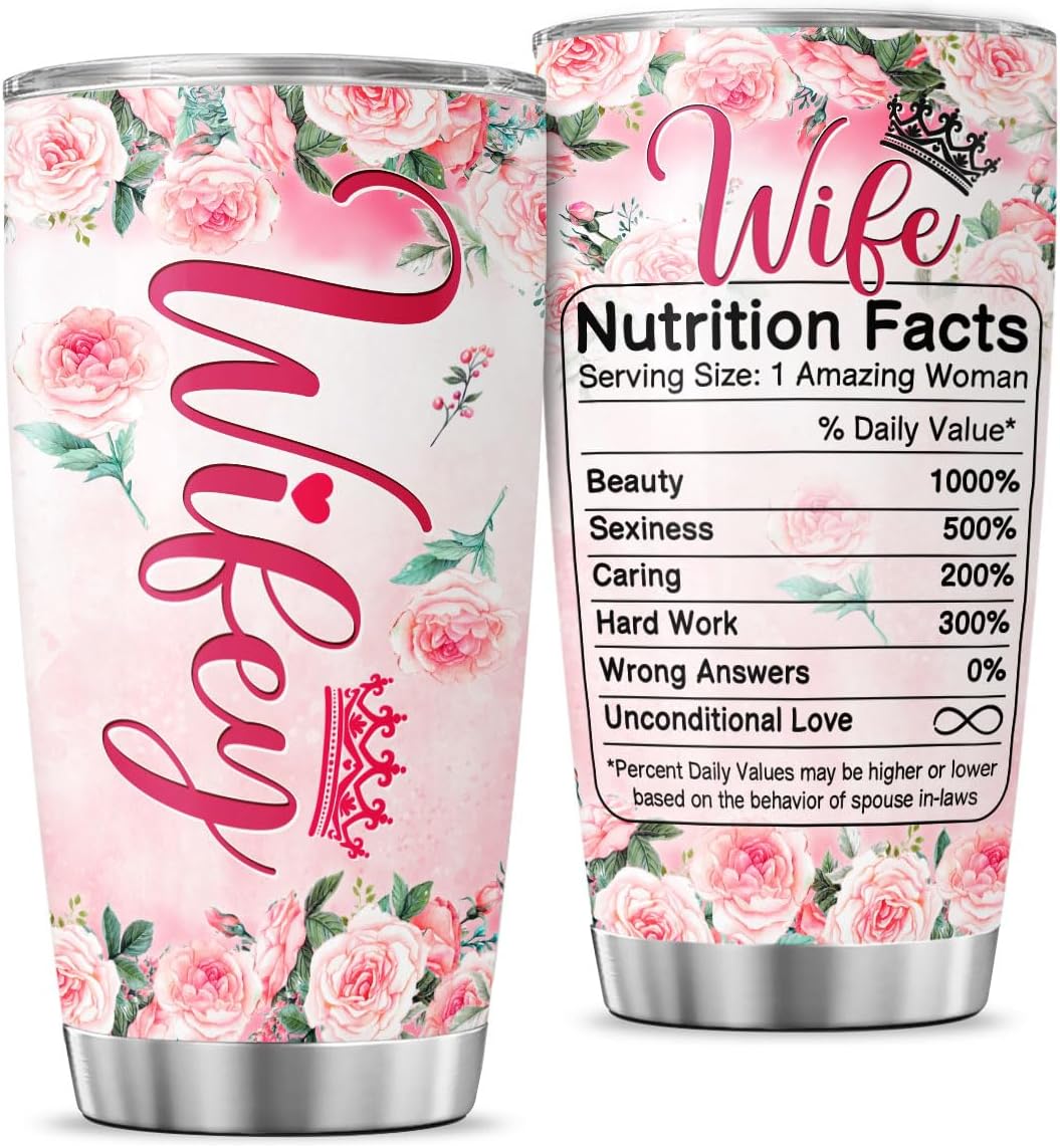 Romantic Floral Wife Gift Tumbler, Rose Design with Funny Nutrition Facts, 20oz Insulated Stainless Steel Cup for Her, Ideal Anniversary, Birthday, Valentine or Christmas