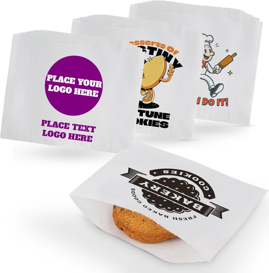 MT Products Custom Printed Small White Paper Bags 6" x 4.5 - Personalized Disposable White Cookie Bags