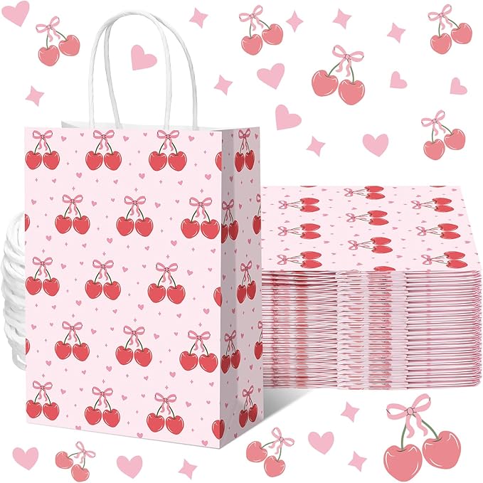 Kolldenn 16 Pcs Coquette Cherry Bow Paper Gift Bags Women Mother's Day Birthday Favor Goodie Candy Bags with Handles for Bridal Engagement Baby Shower Party Supplies