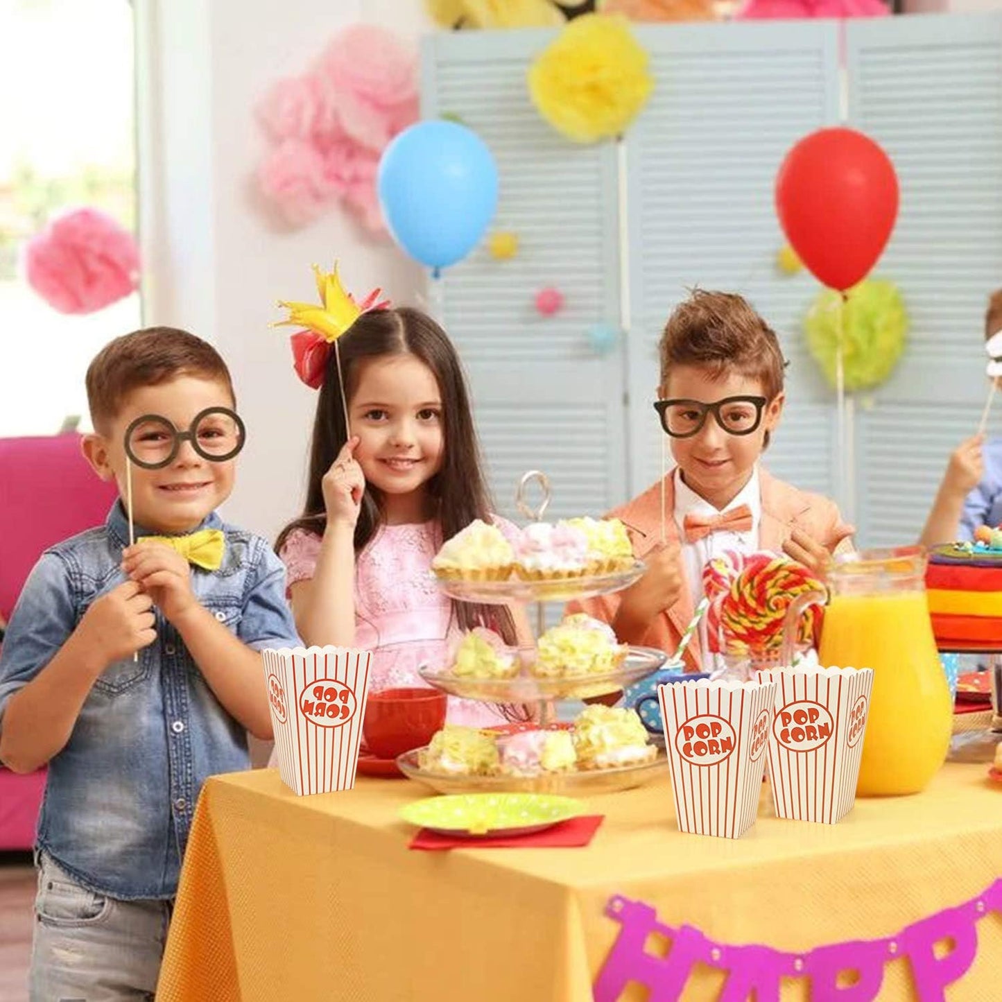 Bekith 100 Pack Paper Open-Top Popcorn Box, Popcorn Containers Striped Red and White, Great for Movie Theater Party