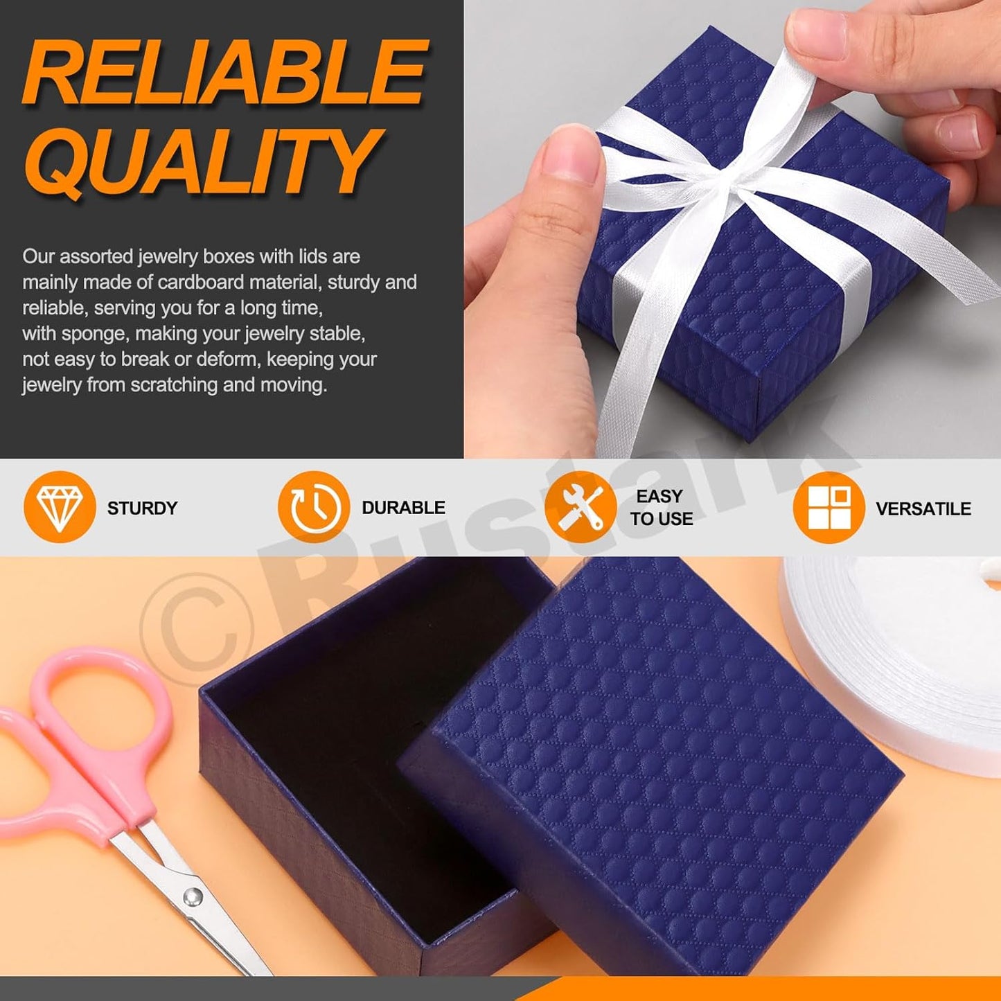 17Pcs 7.5x7.5x3cm / 3x3x1 Inch Dark Blue Cardboard Jewelry Gift Boxes with Stain Ribbon and Scissor, Small Gift Box with Lid for Necklaces, Rings, Bracelets, Earrings, Pendant, Jewelry