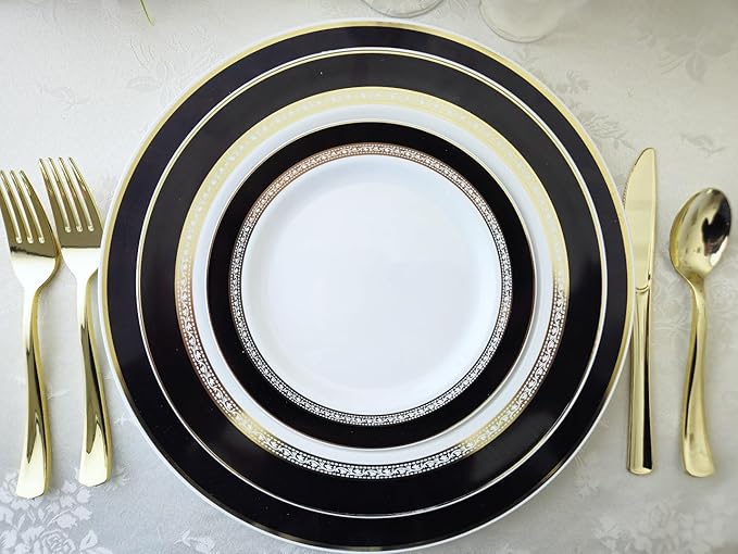 " OCCASIONS " 50 Plates Pack (25 Guests)-Heavyweight Wedding Party Disposable Plastic Plate Set -25 x 10.5'' Dinner + 25 x 7.5'' Salad/dessert plates (Ritz Black and Gold)