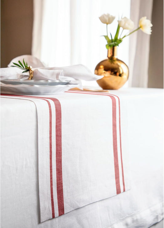 Solino Home Linen Table Runner 48 Inches - French Stripe, 100% Pure Linen Red and White Farmhouse Table Runner 14 x 48 Inch Ideal for Dresser and Coffee Tables - Christmas