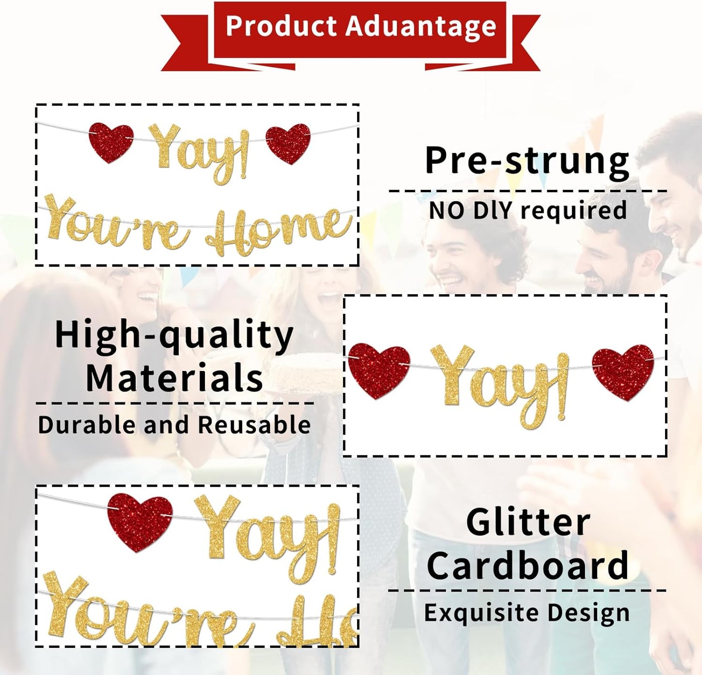 Gold Glitter Welcome Home Banner, Yay! You're Home Banner for Welcome Back, Housewarming & Military Return Party Decorations & Decor, No DIY.