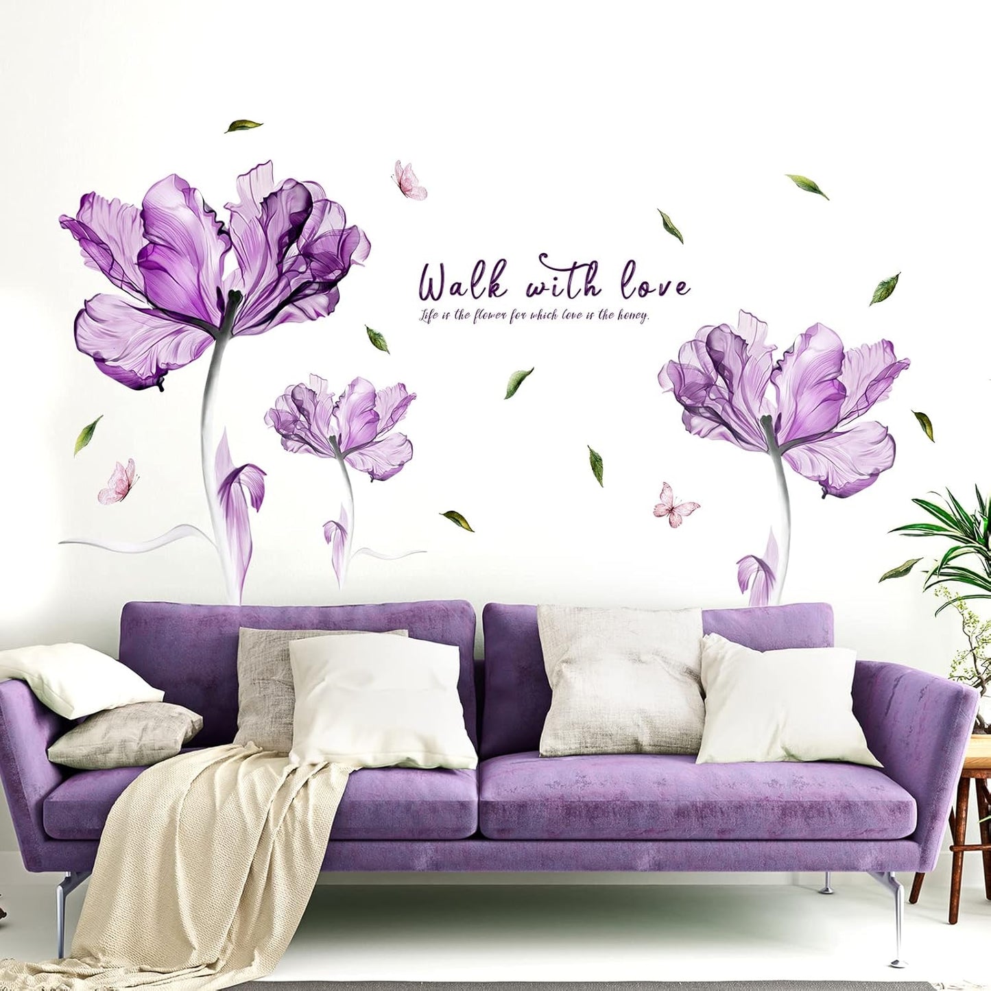 Flowers Wall Sticker Watercolor Purple Floral Wall Decal DIY Butterfly Flower Art Decor Stickers Floral Quotes Saying Wall Decals Mural for Nursery Bedroom Kids Room