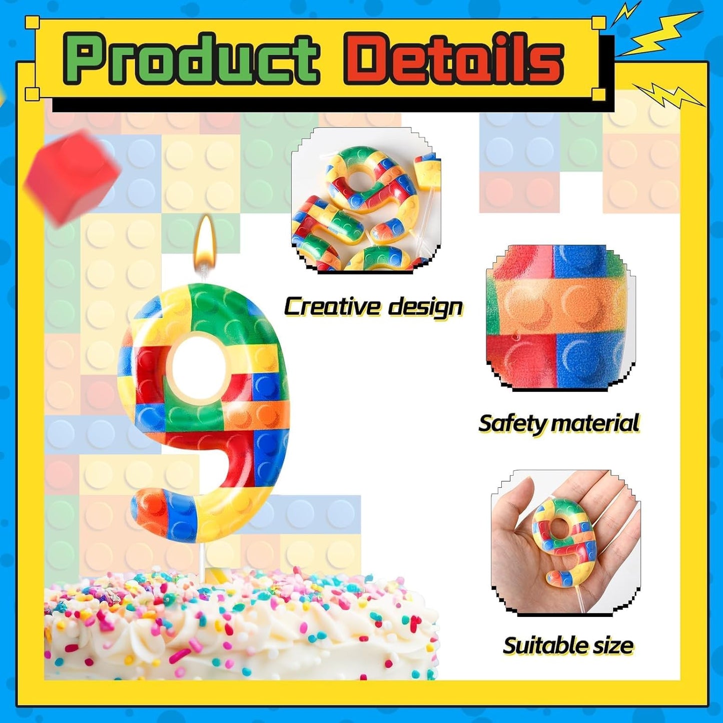 Building Block Themed Birthday Candle Number 9 Candle Birthday Party Decoration Cake Topper for Building Block Party Decoration Theme Parties Supplies (Number 9)