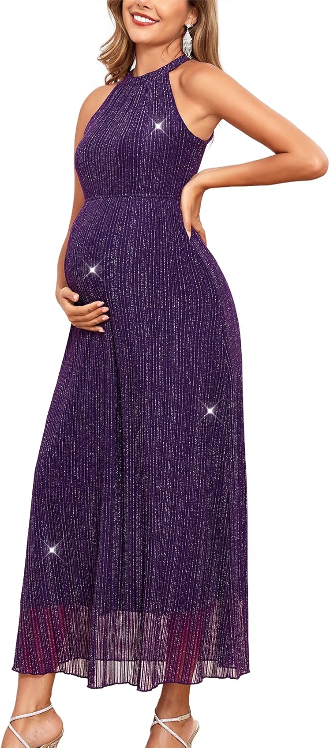 Maternity Sparkly Mesh Dress Halter Neck Sleeveless A Line Pregnancy Dresses Semi Formal Baby Shower Photoshoot
