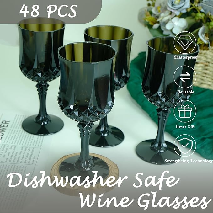 Plastic Wine Glasses, Plastic Goblets Vintage Style Cordial Unbreakable Drinking Glasses, Reusable Drinkware for Wedding Reception, Grand Event Party Supplies, Easter (48, Black)