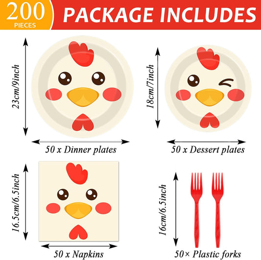 gisgfim 50 Guests Chicken Party Decorations Chicken Plates and Napkins Chicken Party Decoration For Birthday Party Plates Tableware Set Chicken Theme Party Paper Plates Napkins Forks 200 PCS