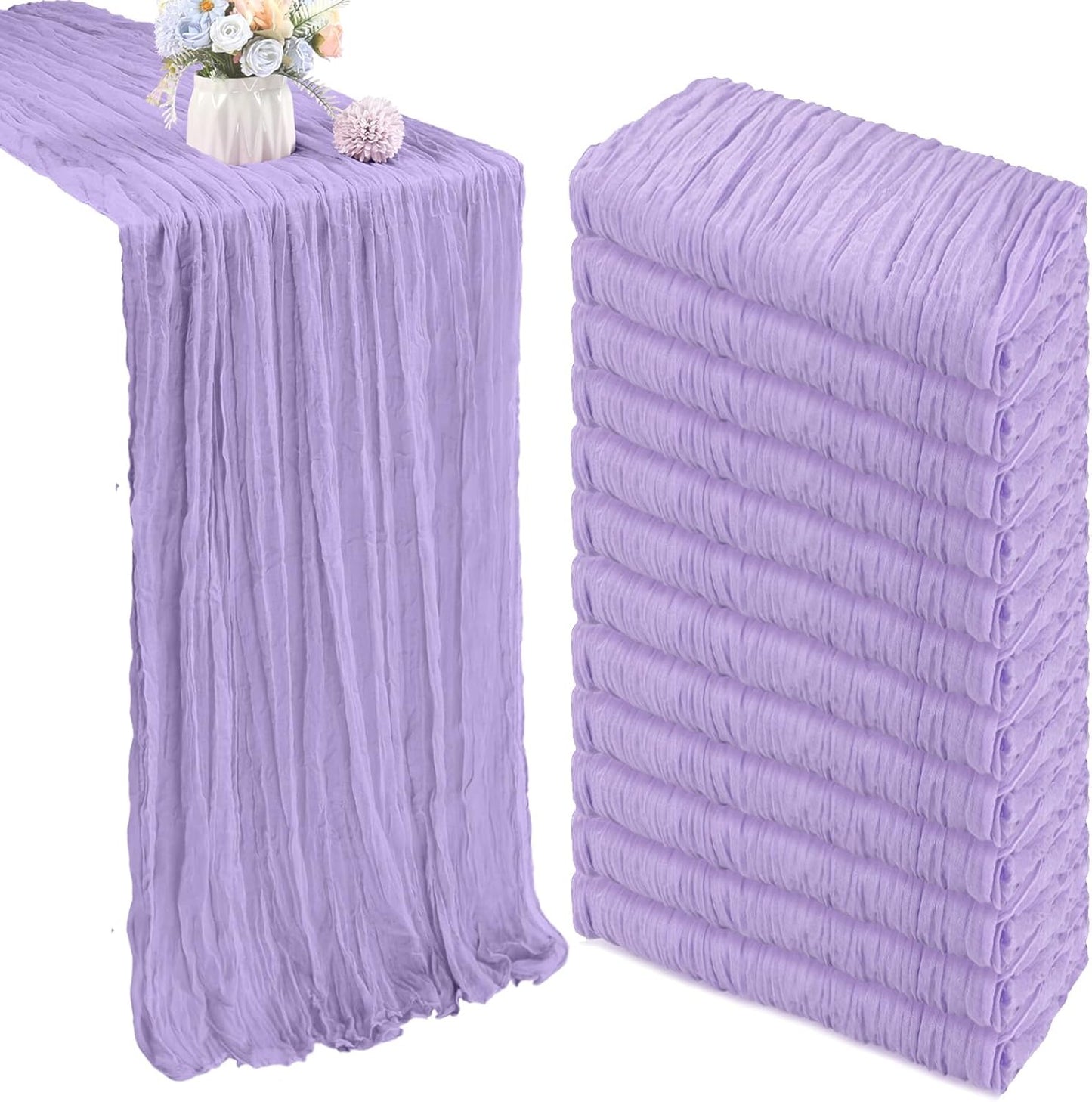 12 Pack 10FT Lavender Purple Cheesecloth Table Runner 35x120 Inch Gauze Rustic Boho Table Runner Cheese Cloth for Wedding Decor Birthday Party Bridal Baby Shower Table Centerpiece Decoration