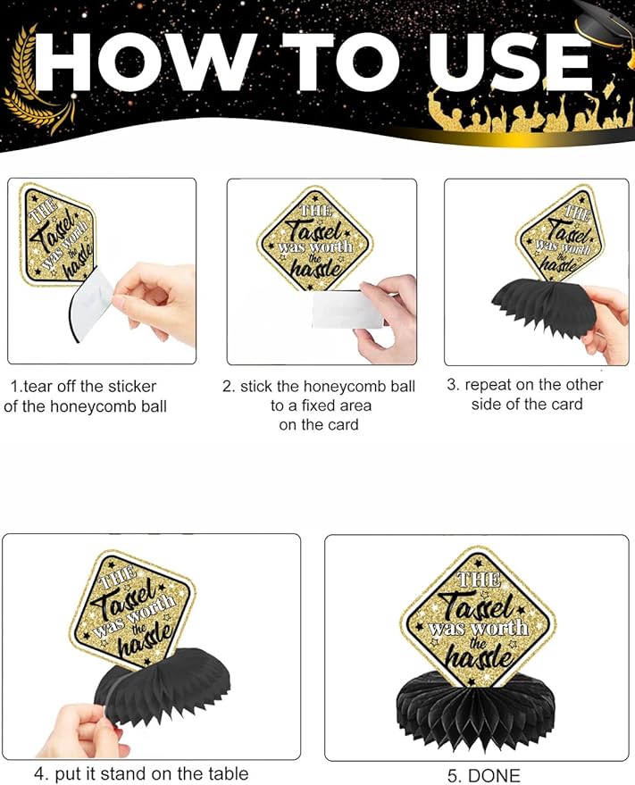 Graduation Table Decorations 2026 - Graduation Centerpieces for Tables, 9 Pcs Black and Gold Honeycomb Centerpieces, 3D Congrats Grad Table Toppers for Class of 2026 Grad Party Decorations
