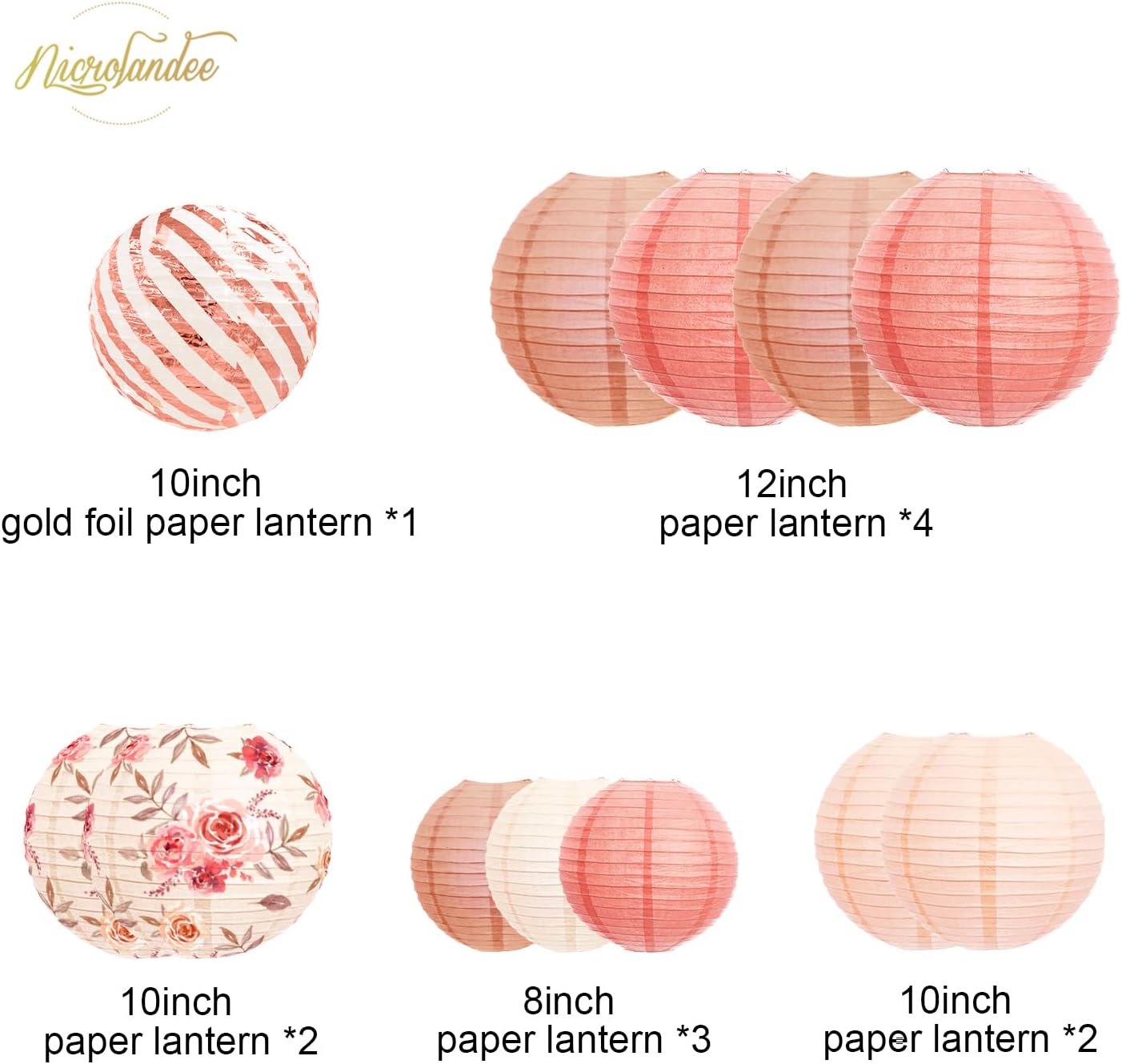 NICROLANDEE Wedding Party Decorations - 12PCS Rose Gold Vintage Floral Paper Lantern Hanging Decorations for Bridal Shower Anniversary Baby Shower Bachelorette Birthday, Valentines Day Party Decor