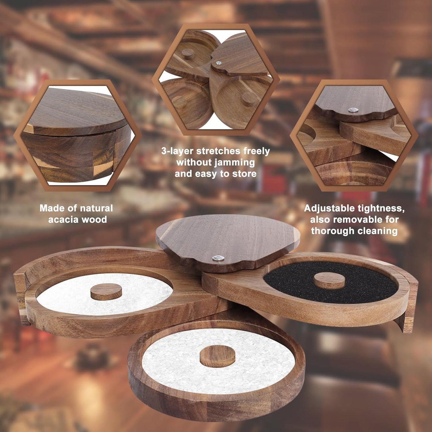 Margarita Salt Rimmer Set 3-Tier Acacia Wood Bar Glass Rimmer with Lid & 6 Sponges Perfect for Margaritas, Bloody Marys, Manhattans Ideal for Home Bars & Parties Brown