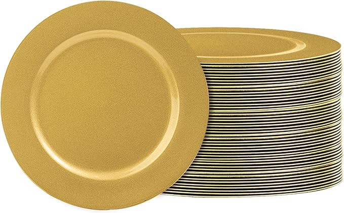 JEVERGN 50 Pack Gold Charger Plates Bulk, 13" Chargers for Dinner Plates, Gold Plate Chargers Set of 50, Round Plastic Charger for Wedding, Party Event, Dinner, Table Setting