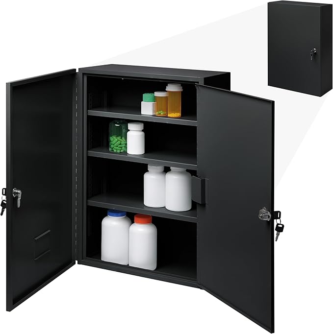 Durabox 2-Door Narcotics Cabinet - Double Door & Dual Key Lock Steel Cabinet for Safe Storage of Medicine, Prescription Drugs, Medical Supplies and More, 16"W x 24"H x 7-3/4"D (Black, Large)