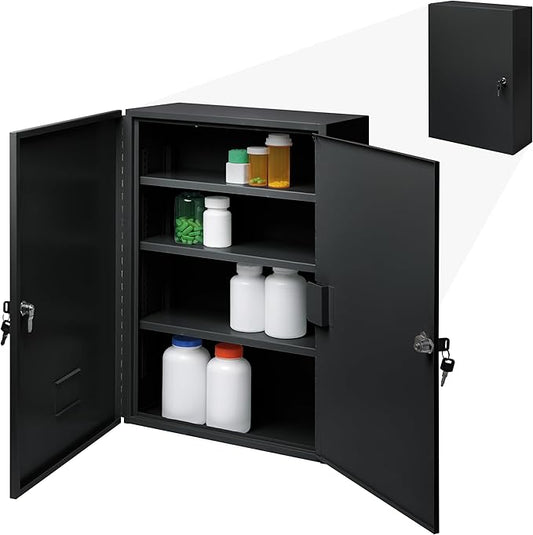 Durabox 2-Door Narcotics Cabinet - Double Door & Dual Key Lock Steel Cabinet for Safe Storage of Medicine, Prescription Drugs, Medical Supplies and More, 16"W x 24"H x 7-3/4"D (Black, Large)
