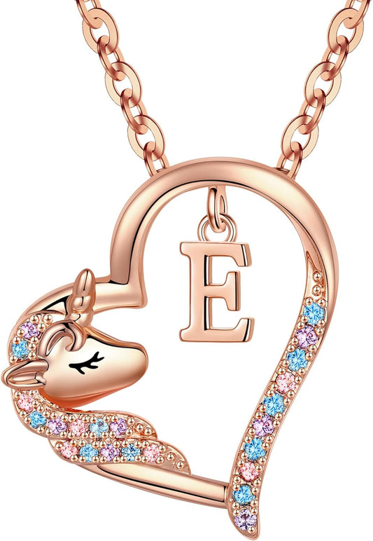 Anoup Unicorn Gifts for Girls Necklace - Colorful CZ Heart Pendant A-Z Initial Necklaces Cute Unicorns Jewelry Birthday Gift for Girl