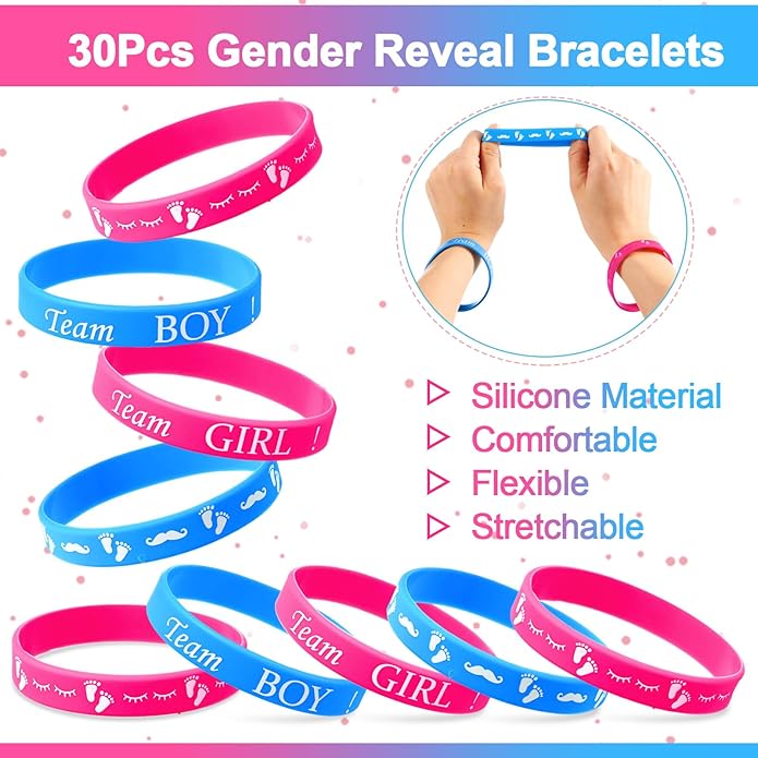 Jetec 60 Pieces Gender Reveal Bracelets, Team Boy Silicone Wristbands and Team Girl Rubber Bracelets for Gender Reveal Ideas Party Supplies Decorations