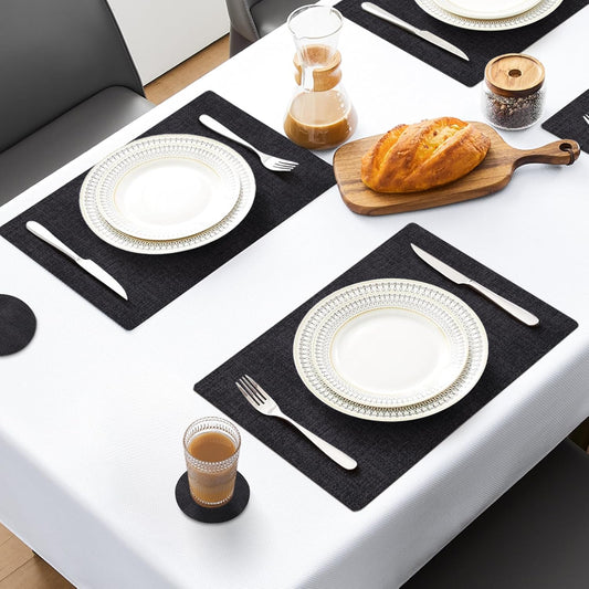 MOSAYT Faux Leather Placemats Set of 12, Heat Resistant Vinyl Place Mats with Coasters, Wipeable Washable 100% Waterproof Oil Proof Table Mat for Kitchen Dining Party Indoor Outdoor, 12" x 18", Black