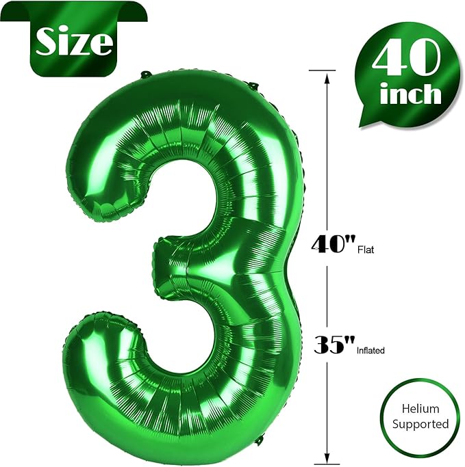 Dark Green Number 3 Balloon 40 Inch, 3rd Birthday Celebration Supplies for Girls Boys Women Men, 3 Balloon for Girls Boys Theme Party