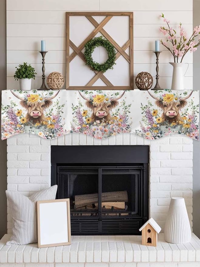 Spring Cow Floral Fireplace Mantel Scarf Table Runner, Green Eucalyptus Leaves Botanical Winter Garland Mantel Top Tablerunners Dresser Scarves Cover for Windows Party Living Room 70''x17''