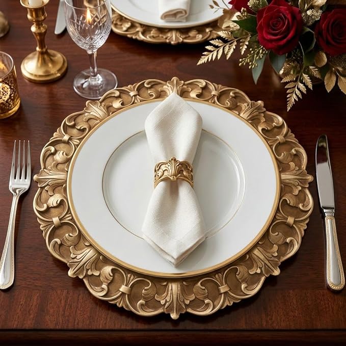 13 Inch Vintage Charger Plates Set of 6, Antique Gold Baroque Embossed Service Plates with Scalloped Edge, Rustic Decorative Underplates for Wedding, Thanksgiving & Elegant Dinner Table Decor