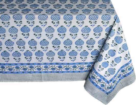 ATOSII Roma Blue 100% Cotton Rectangle Fall Tablecloth, Handblock Floral Print Linen Table Cloth for Kitchen Dining I Parties Outdoors Weddings Holidays I 72 X 140 Inches I 12 Seater