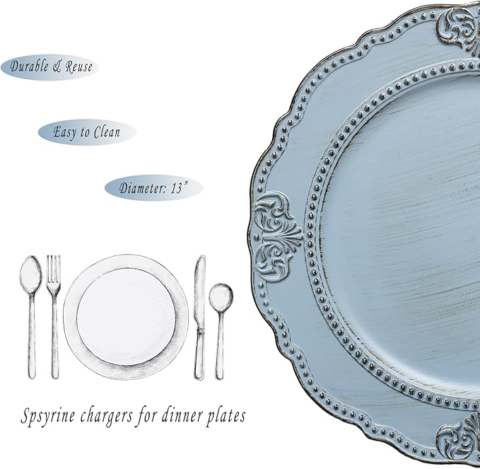 Spsyrine Antique Blue Charger Plates Set of 6, 13" Chargers for Dinner Plates, Wedding, Banquets, Party