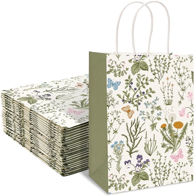 24Pcs Vintage Wildflowers Paper Gift Bags Green Wild Floral Party Favor Bags with Handles Decorative Goodie Candy Treat Bags for Spring Party Supplies
