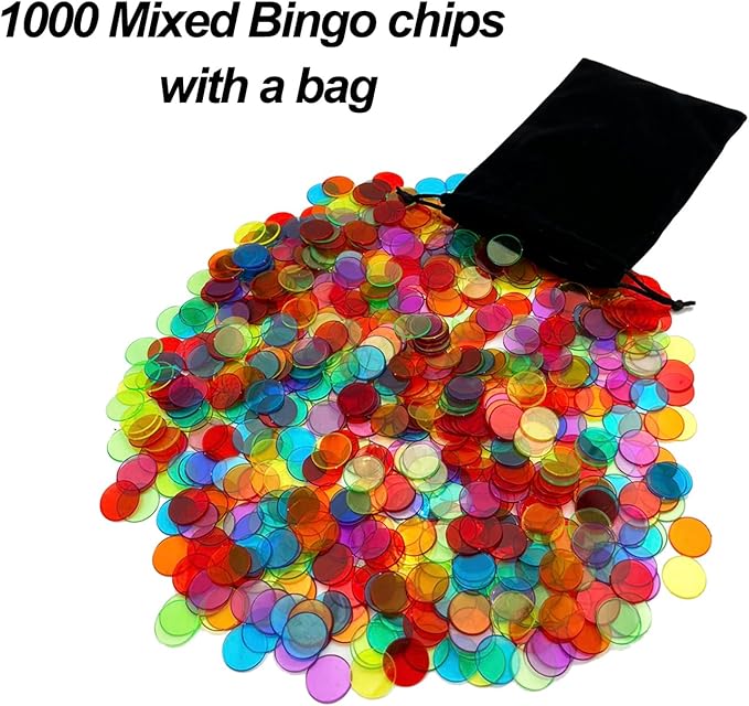 JUNWRROW Bingo Game Set-1000 Colorful Chips with a Bag,100 Bingo Cards and Jumbo Deck of Calling Cards for Adults, Seniors, and Family - Calling Card Set- Ideal for Large Groups, Parties, Game Nights