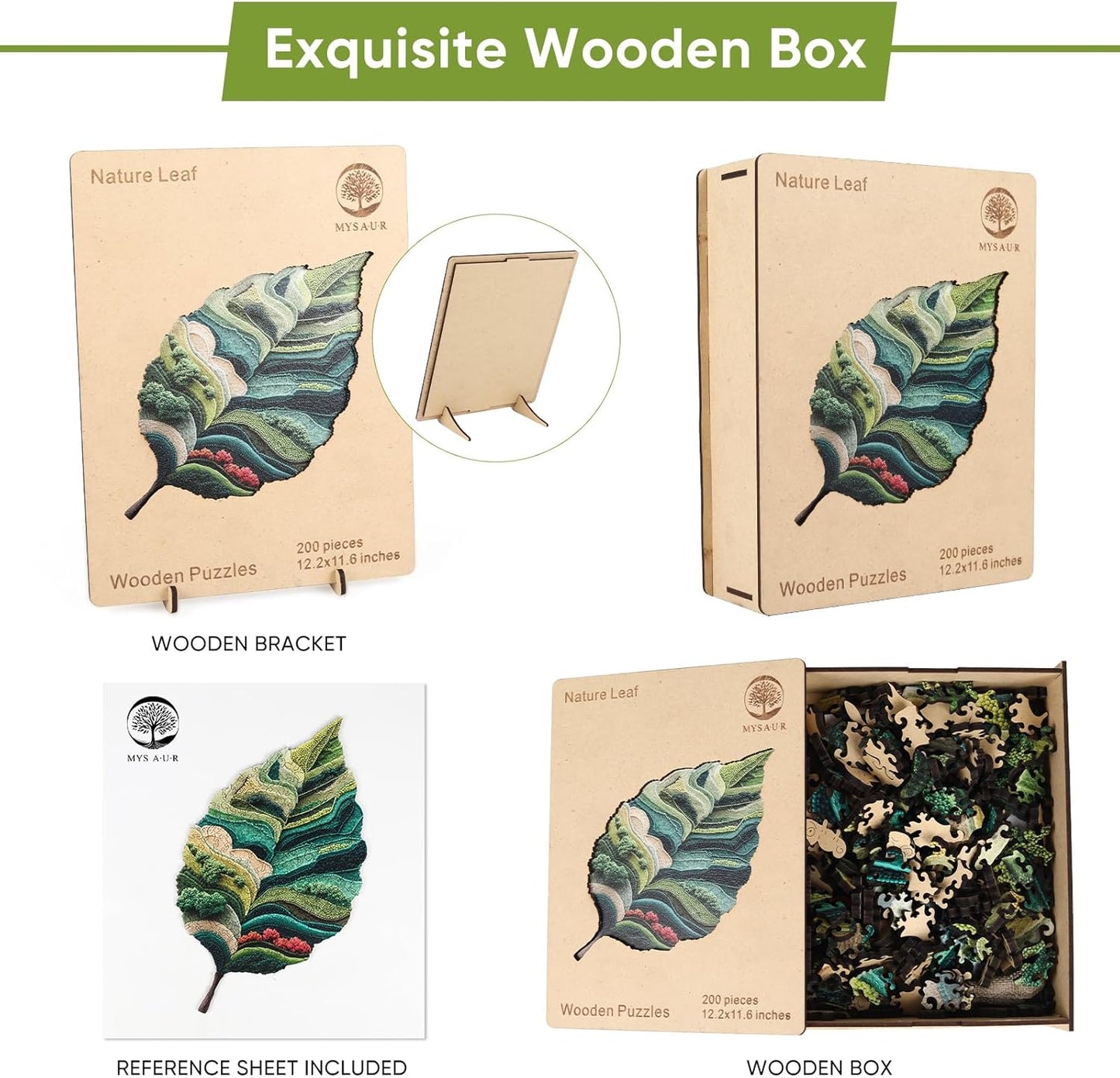 MYS A·U·R Wooden Puzzles for Adults, Nature Leaf Jigsaw Puzzle 200pcs, 12.2X11.5in, Unique Shape Wood Puzzles Adult, Creative Gift for Kids Family Game