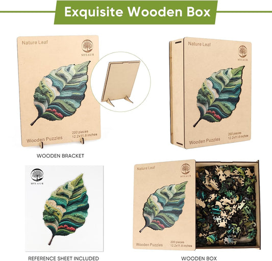 MYS A·U·R Wooden Puzzles for Adults, Nature Leaf Jigsaw Puzzle 200pcs, 12.2X11.5in, Unique Shape Wood Puzzles Adult, Creative Gift for Kids Family Game