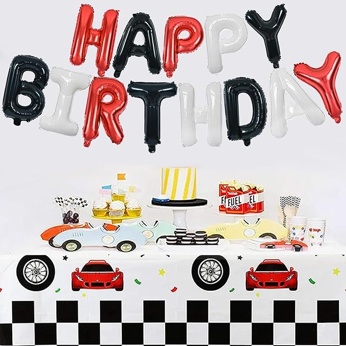 TONIFUL Happy Birthday Balloons Banner with Ribbon Straw,16 Inch Mylar Letters Birthday Sign Banner Balloon Bunting Reusable for Girls Boys Kids & Adults Birthday Halloween Supplies（Red Black White）