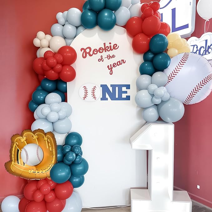 Baseball Balloon Arch Kit, Red Dusty Slate Blue Ivory Nude Balloon Garland for Baseball Birthday Party Decorations Boys Summer Baby Shower Rookie of The Year First Birthday Sport Themed Decorations