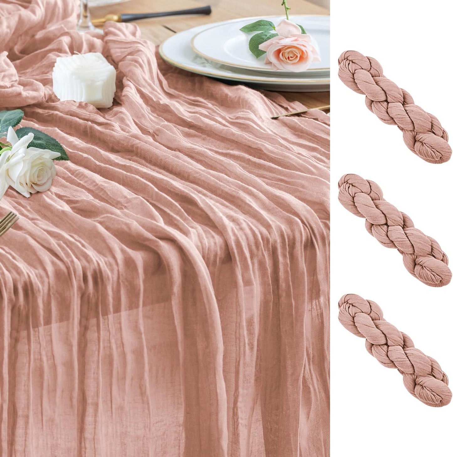 Wokceer Cheesecloth Table Runner 3Pack 10FT Dusty Pink Christmas Boho Gauze Cheese Cloth Table Runner for Party Easter Rustic Sheer Table Runners for Baby Bridal Shower Wedding