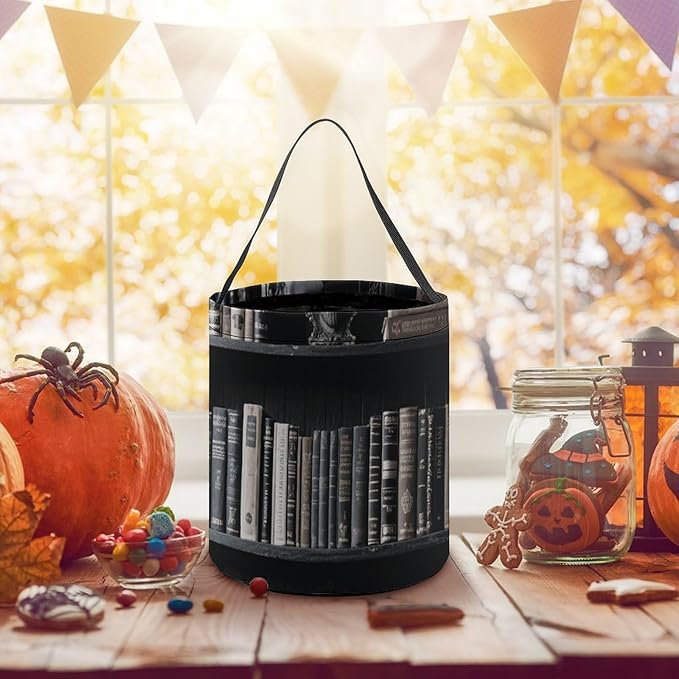 Halloween Candy Bucket - Goth Bookshelf Trick Or Treat Candy Bag, Gift Bag for Party Favor Supplies