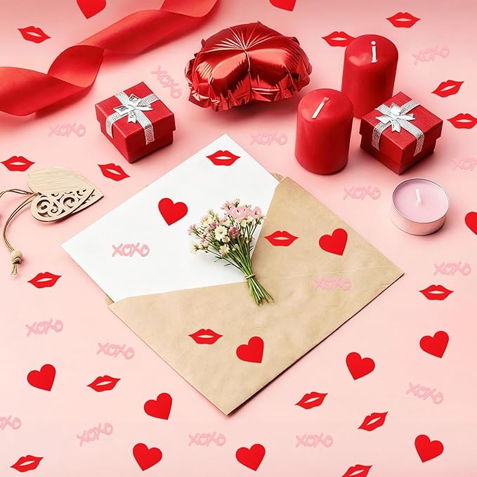 XOXO Letters with Red Lips & Hearts Confetti - 200-Piece Romantic Party Decor, Biodegradable Paper Mix for Valentine's Day, Wedding, Anniversary Table Scatter