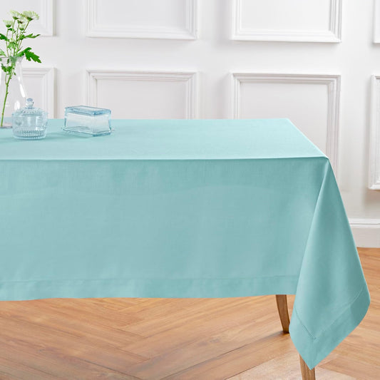 Solino Home Linen Tablecloth for Rectangle Tables 60 x 90 Inch - Classic Hemstitch 100% Pure Linen Aqua Blue Table Cloth - Machine Washable Cloth Tablecloth for Christmas, Holiday