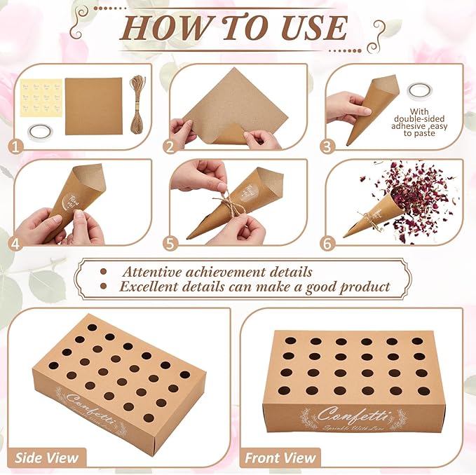 1 Sets Wedding Confetti Cones with 150g (5.29 Oz) Biodegradable Dried Flowers Rose Petal - 30 Kraft Paper Cones, Tray & Stickers for Wedding, Bridal Shower, Engagement Party, Baby Shower