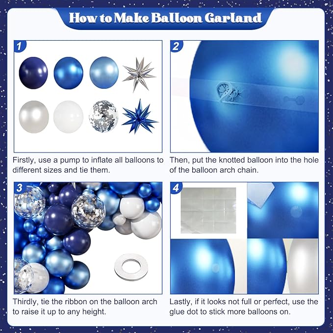 Blue White Silver Balloon Garland Arch Kit, 140Pcs Navy Light Metallic Blue Silver White Confetti Balloons With Stars for Birthday Wedding Birdal Shower Graduation Fathers Day Party Decorations