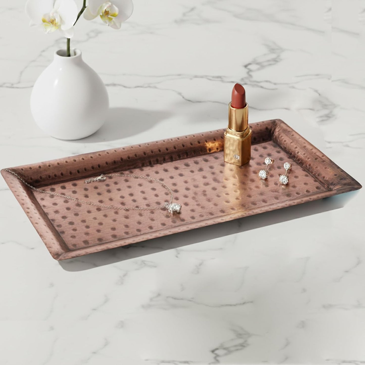 Monarch Abode Hand Hammered Metal Serving Tray, 12-Inch Antique Copper Finish – Rectangle Serving Platter, Small Serving Tray for Party, Fruit Platter, Dessert Trays, Serving Dishes, Pack of 2