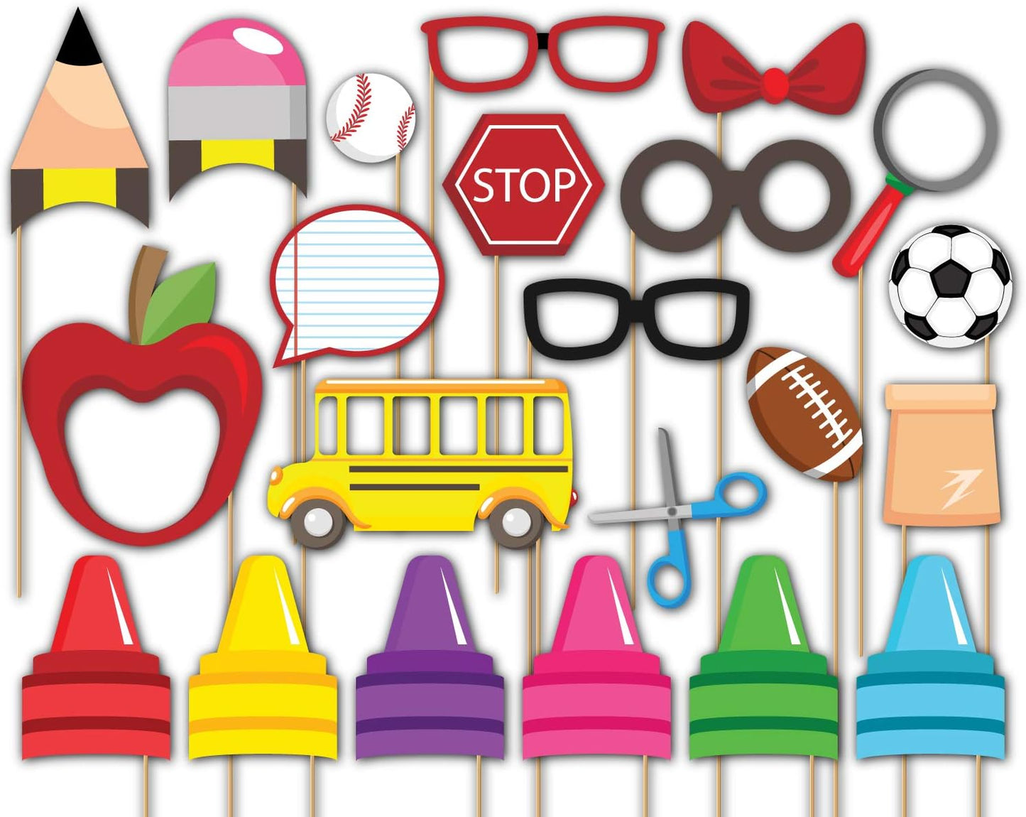 School Bus Photo Booth Props Kit - 20 Pack Party Camera Props Fully Assembled