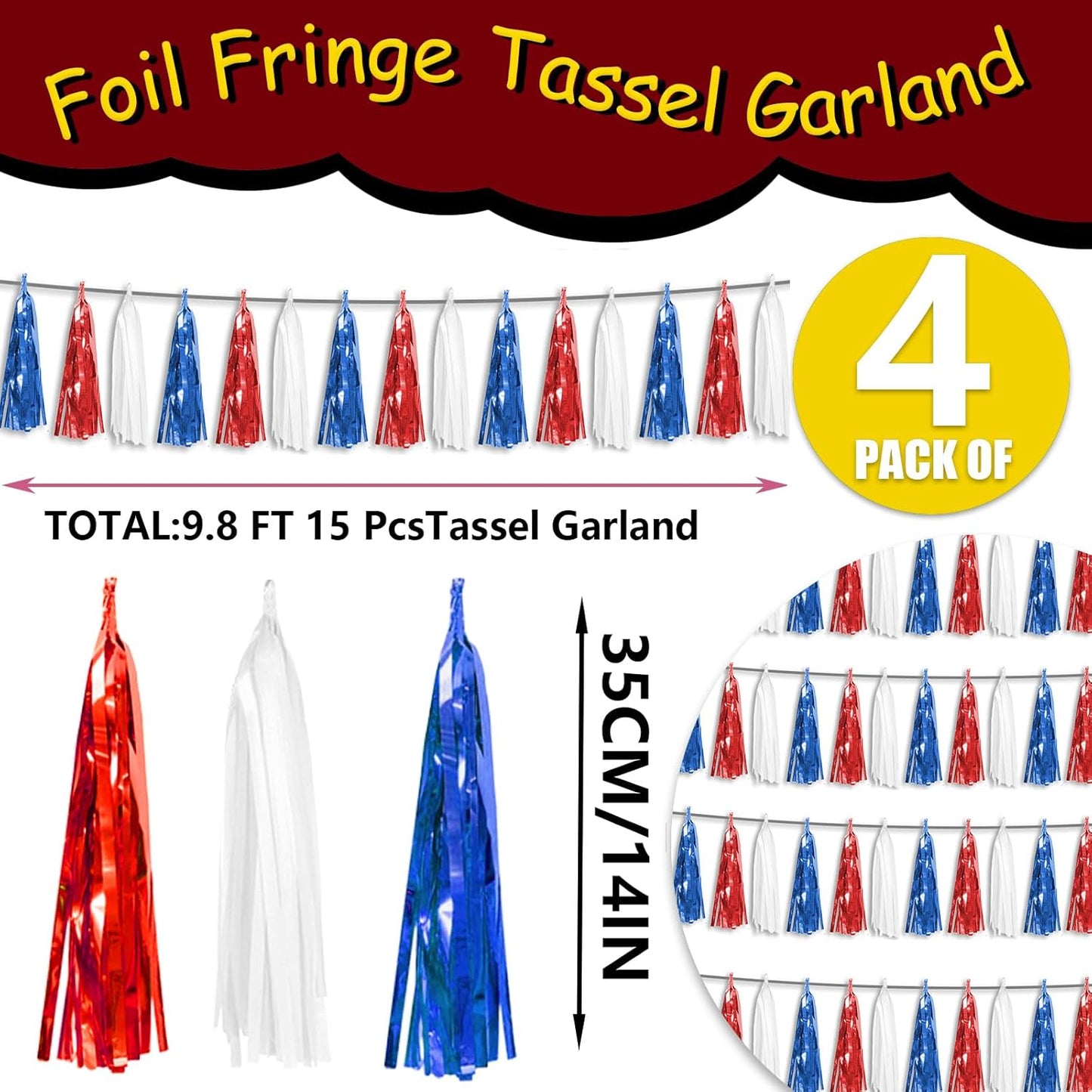 4P Red Blue White Foil Fringe Metallic Tassel Streamers Banner Tassel Garland for Parade Floats, Graduation, Wedding, Birthday, Halloween, Christmas, Independence Day, 4th of July, Party Decorations