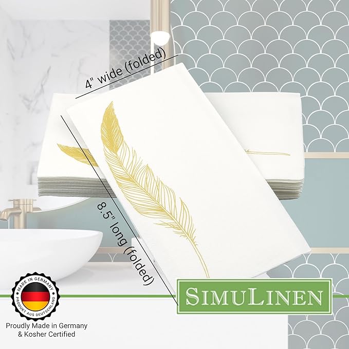 SimuLinen Decorative Gold Feather Design Paper Towels - Hand Towels for Bathroom - Cloth-Like, Linen-Feel for Guest Bathroom Essentials, Size: 12x17” (Pack of 300) Made in Germany